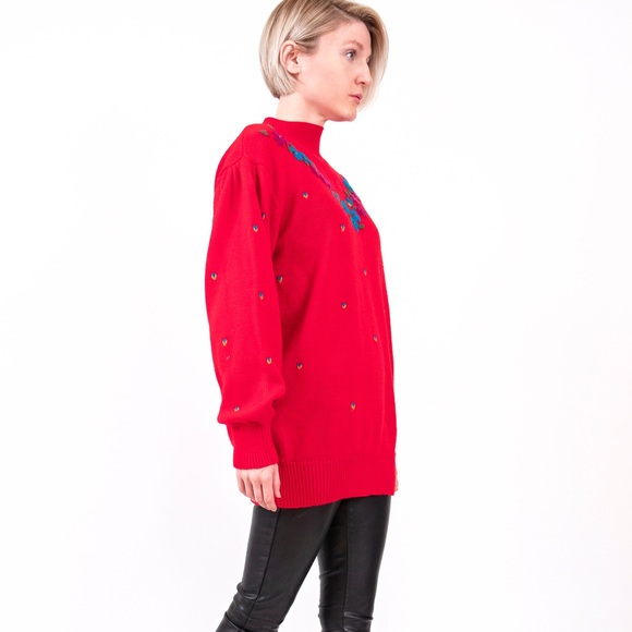 Vintage 80s red floral knit mock neck sweater - Picture 3 of 5